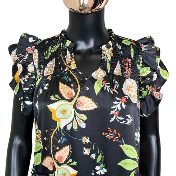 GiGiO USA Black Floral Ruffle Mini Dress Tiered Babydoll Sateen Fabric Small - Picture 7 of 11